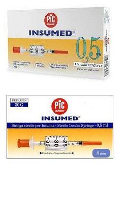 SIRINGA PER INSULINA PIC INSUMED 0,5 ML 100 UI AGO GAUGE 30 LUNGHEZZA 8 MM SENZA SPAZIO MORTO 3 SACCHETTI DA 10 PEZZI - Farmaciacarpediem.it