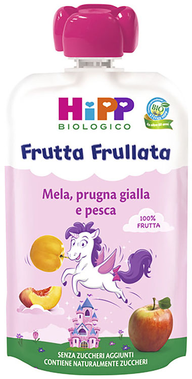 HIPP BIO FRUTTA FRULLATA UNICORNO MELA PRUGNA GIALLA PESCA 90 G - Farmaciacarpediem.it