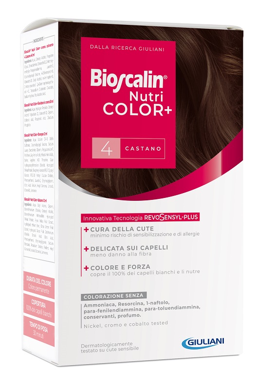 BIOSCALIN NUTRICOLOR PLUS 4 CASTANO CREMA COLORANTE 40 ML + RIVELATORE CREMA 60 ML + SHAMPOO 12 ML + TRATTAMENTO FINALE BALSAMO 12 ML - Farmaciacarpediem.it