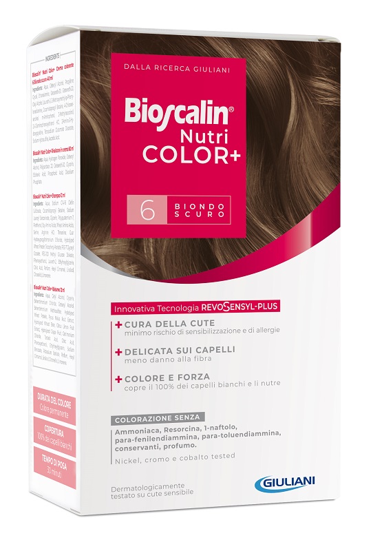 BIOSCALIN NUTRICOLOR PLUS 6 BIONDO SCURO CREMA COLORANTE 40 ML + RIVELATORE CREMA 60 ML + SHAMPOO 12 ML + TRATTAMENTO FINALE BALSAMO 12 ML - Farmaciacarpediem.it
