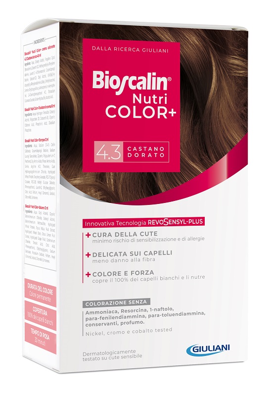 BIOSCALIN NUTRICOLOR PLUS 4,3 CASTANO DORATO CREMA COLORANTE 40 ML + RIVELATORE CREMA 60 ML + SHAMPOO 12 ML + TRATTAMENTO FINALE BALSAMO 12 ML - Farmaciacarpediem.it