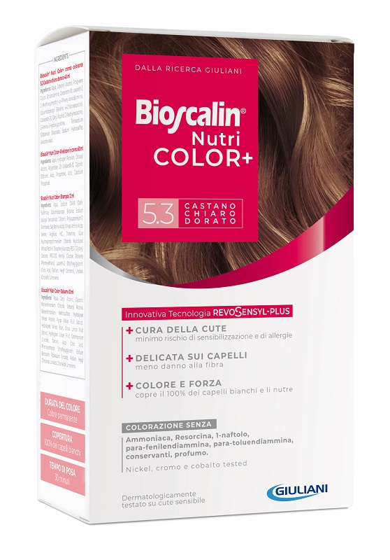 BIOSCALIN NUTRICOLOR PLUS 5,3 CASTANO CHIARO DORATO CREMA COLORANTE 40 ML + RIVELATORE CREMA 60 ML + SHAMPOO 12 ML + TRATTAMENTO FINALE BALSAMO 12 ML - Farmaciacarpediem.it