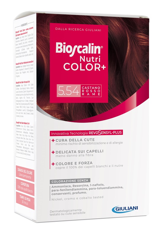 BIOSCALIN NUTRICOLOR PLUS 5,54 CASTANO ROSSO RAME CREMA COLORANTE 40 ML + RIVELATORE CREMA 60 ML + SHAMPOO 12 ML + TRATTAMENTO FINALE BALSAMO 12 ML - Farmaciacarpediem.it